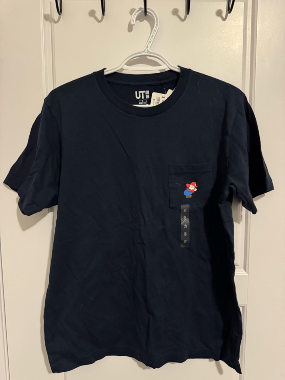 Uniqlo Men's Navy Pocket T-Shirt with Mario Embroidered Character